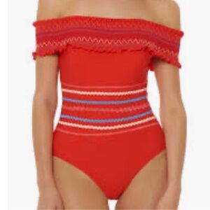 NWT Red Carter Womens Red Ruffled Top Off-Shoulder One-Piece Swimsuit Size S